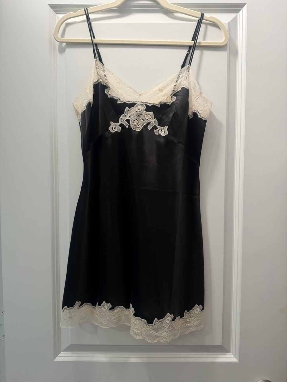 Only Hearts Black & Cream Lace Trim Satin Slip Dress NWT